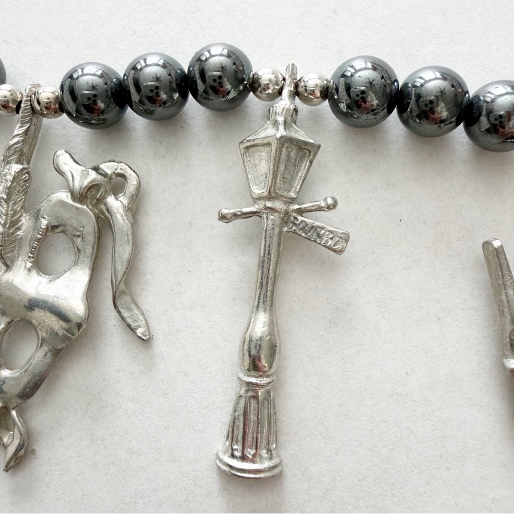 Maurice Milleur Charm Necklace Gumbo Necklace Hematite Pewter Beads Silver LSU - Picture 3 of 11